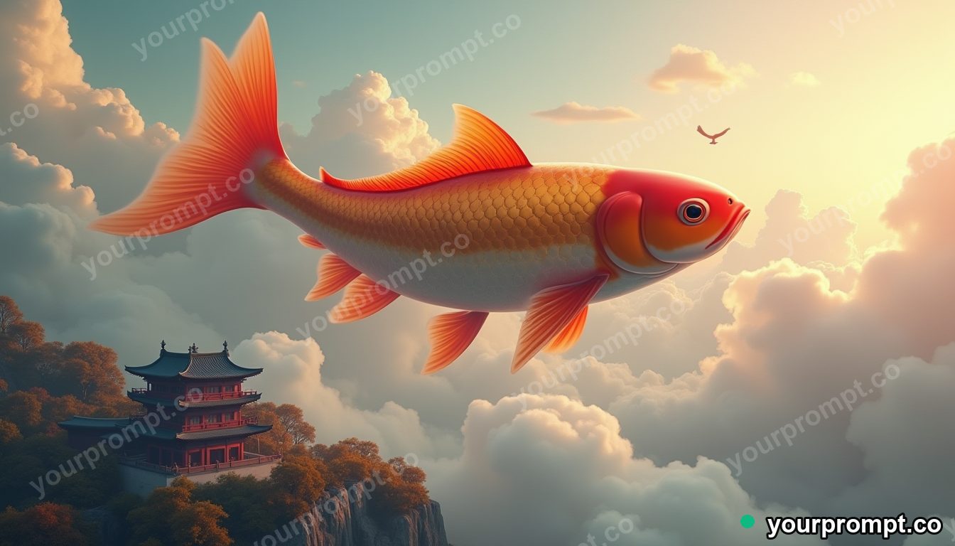 A giant goldfish swimming through the clouds above a village