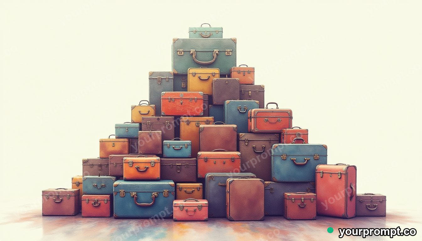 A mountain made entirely of stacked vintage suitcases