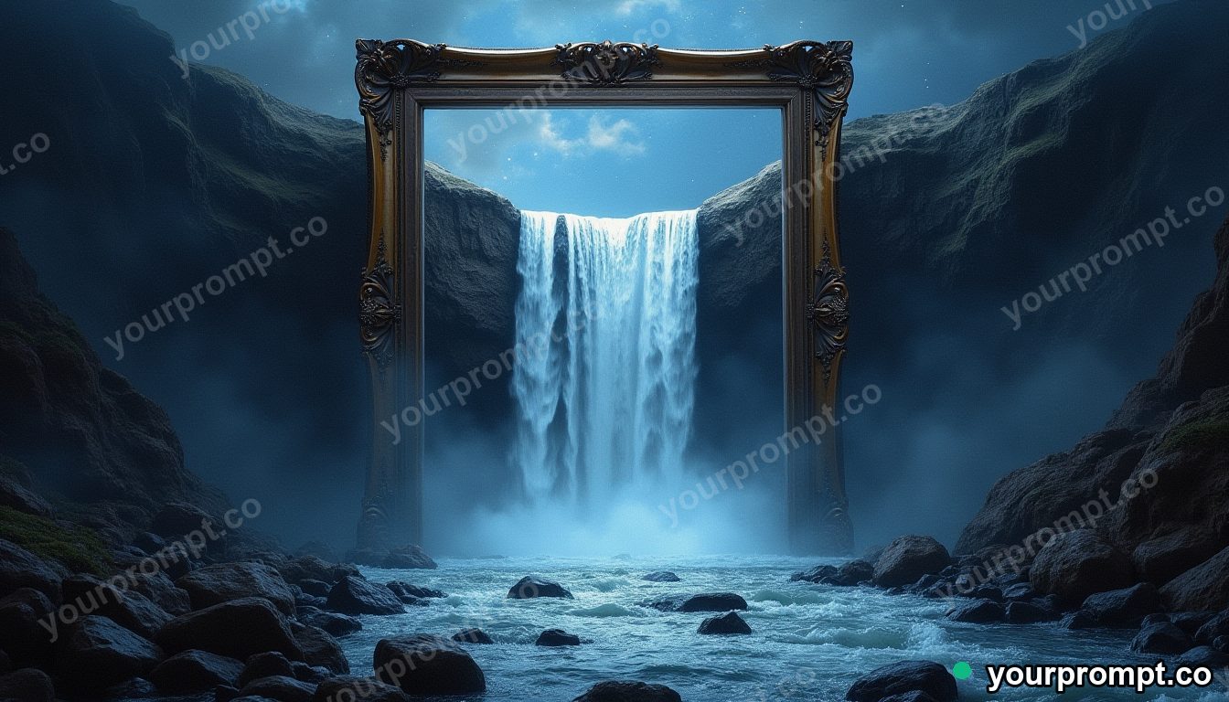 A waterfall pouring out of a hovering empty picture frame