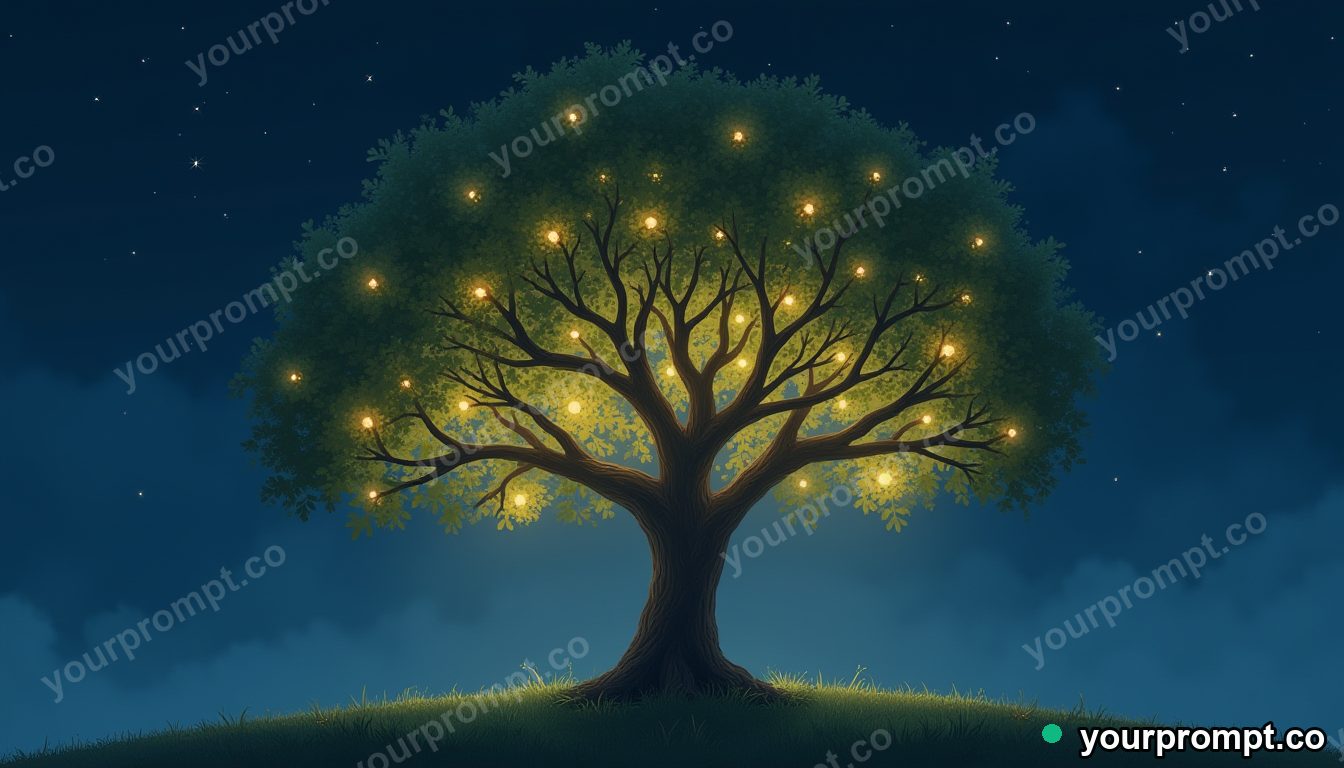 A tree whose leaves are tiny glowing lightbulbs