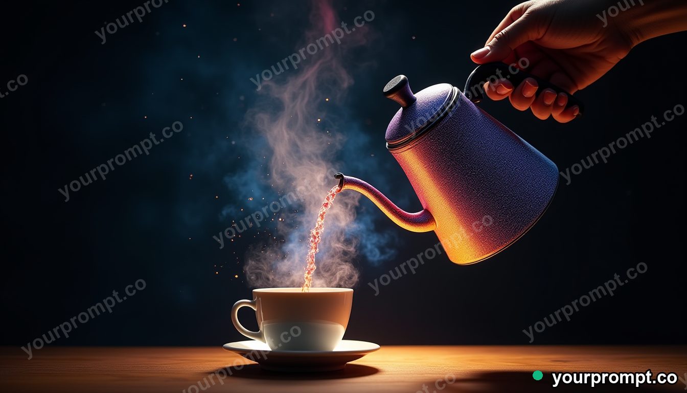 A tea kettle pouring a swirling galaxy into a cup