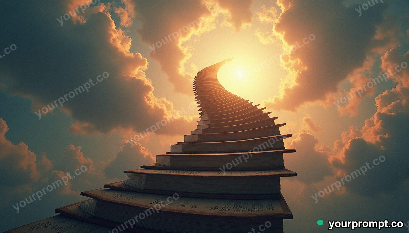 A spiral staircase made of books climbing into the sky