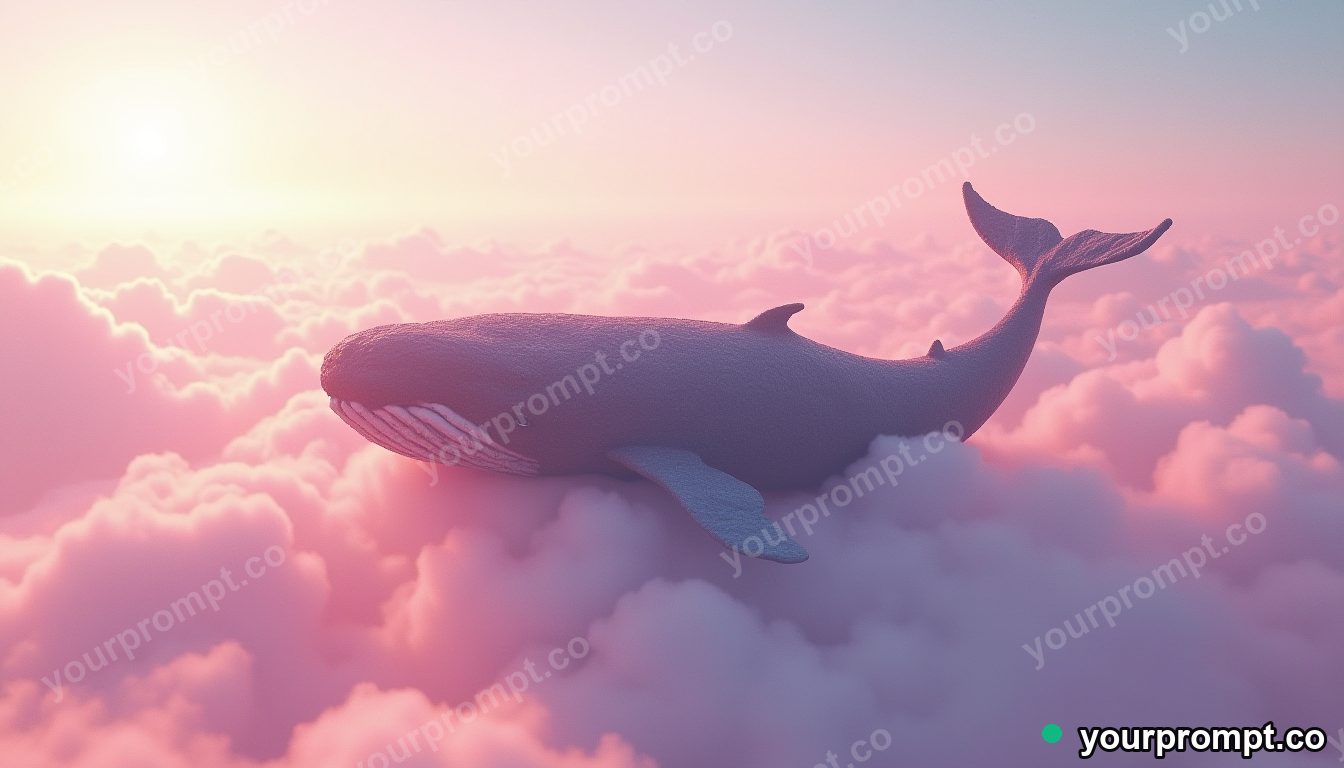 A whale-shaped island floating among pink clouds