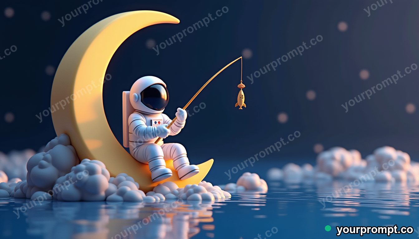 An astronaut fishing while sitting on a crescent moon