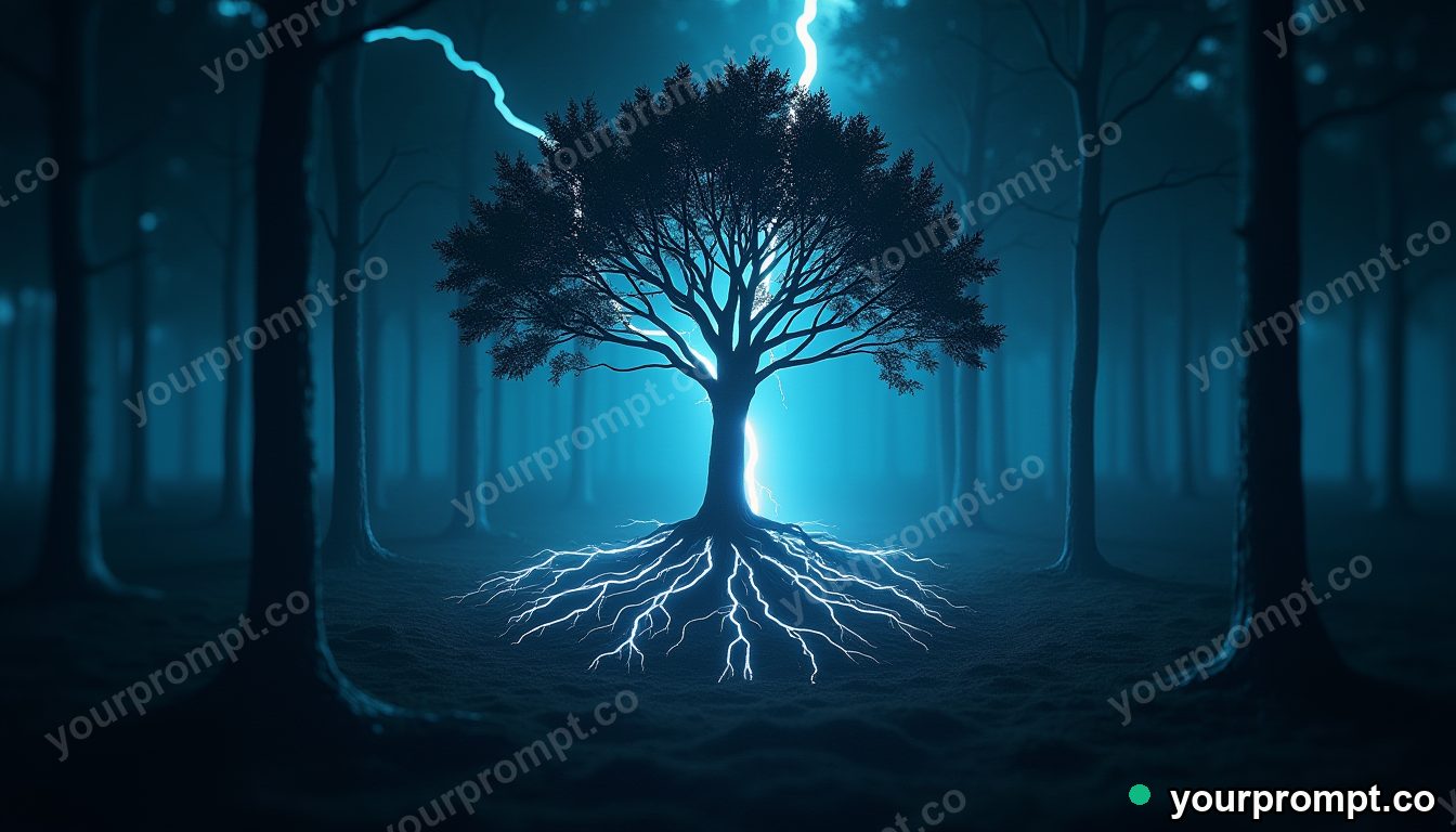 A forest where the tree roots are made of lightning