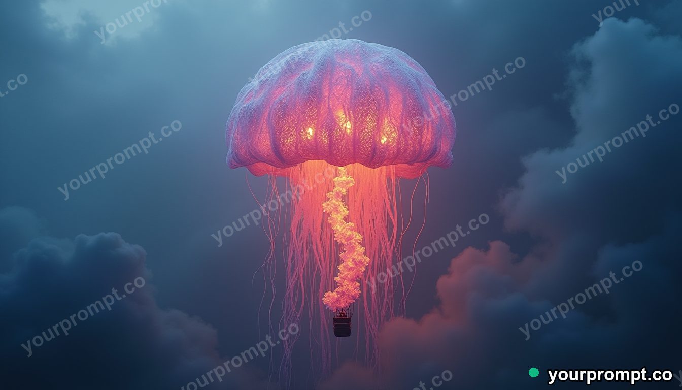 A hot air balloon shaped like a glowing jellyfish