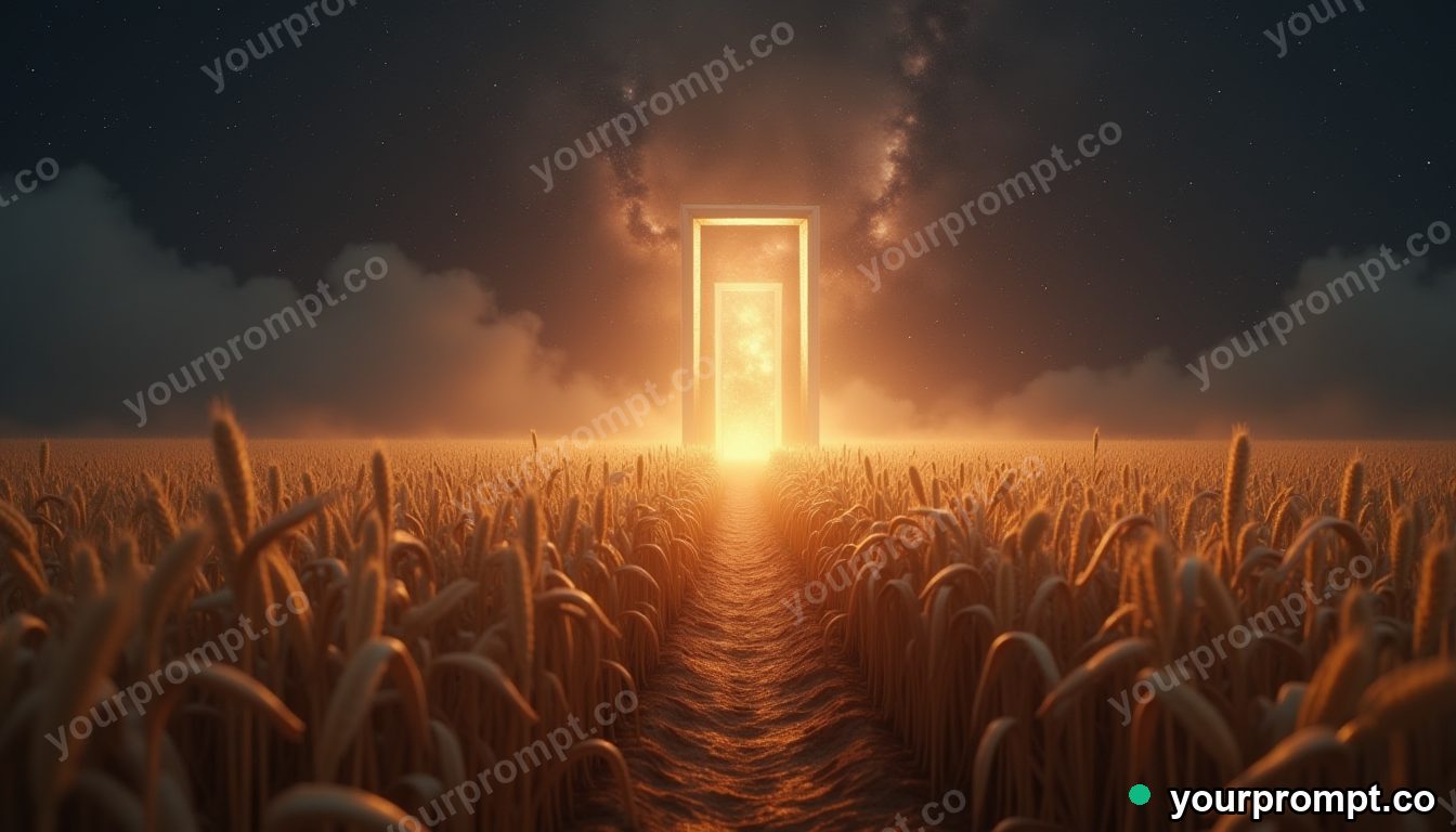 A lone doorway in a wheat field opening onto outer space