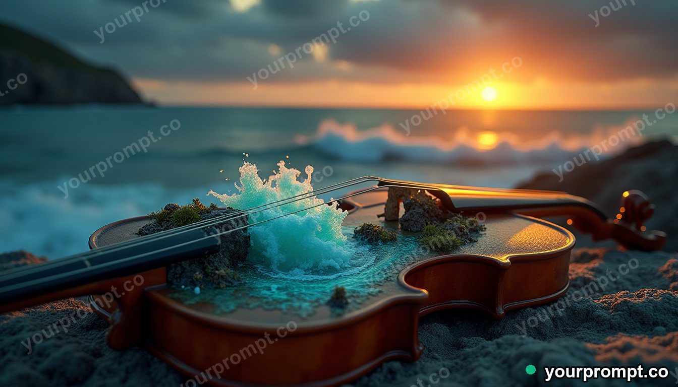 A violin filled with a miniature stormy sea inside it