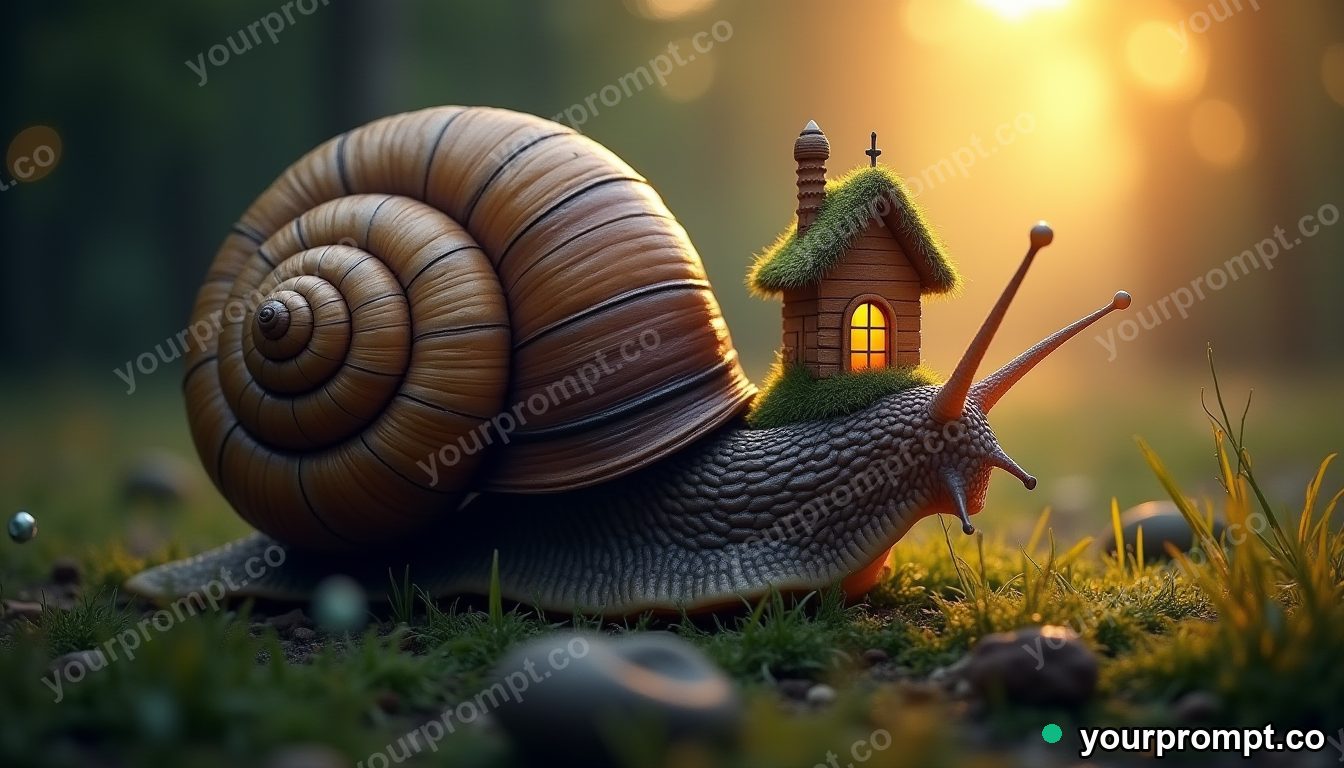 A giant snail carrying a tiny glowing cottage on its shell