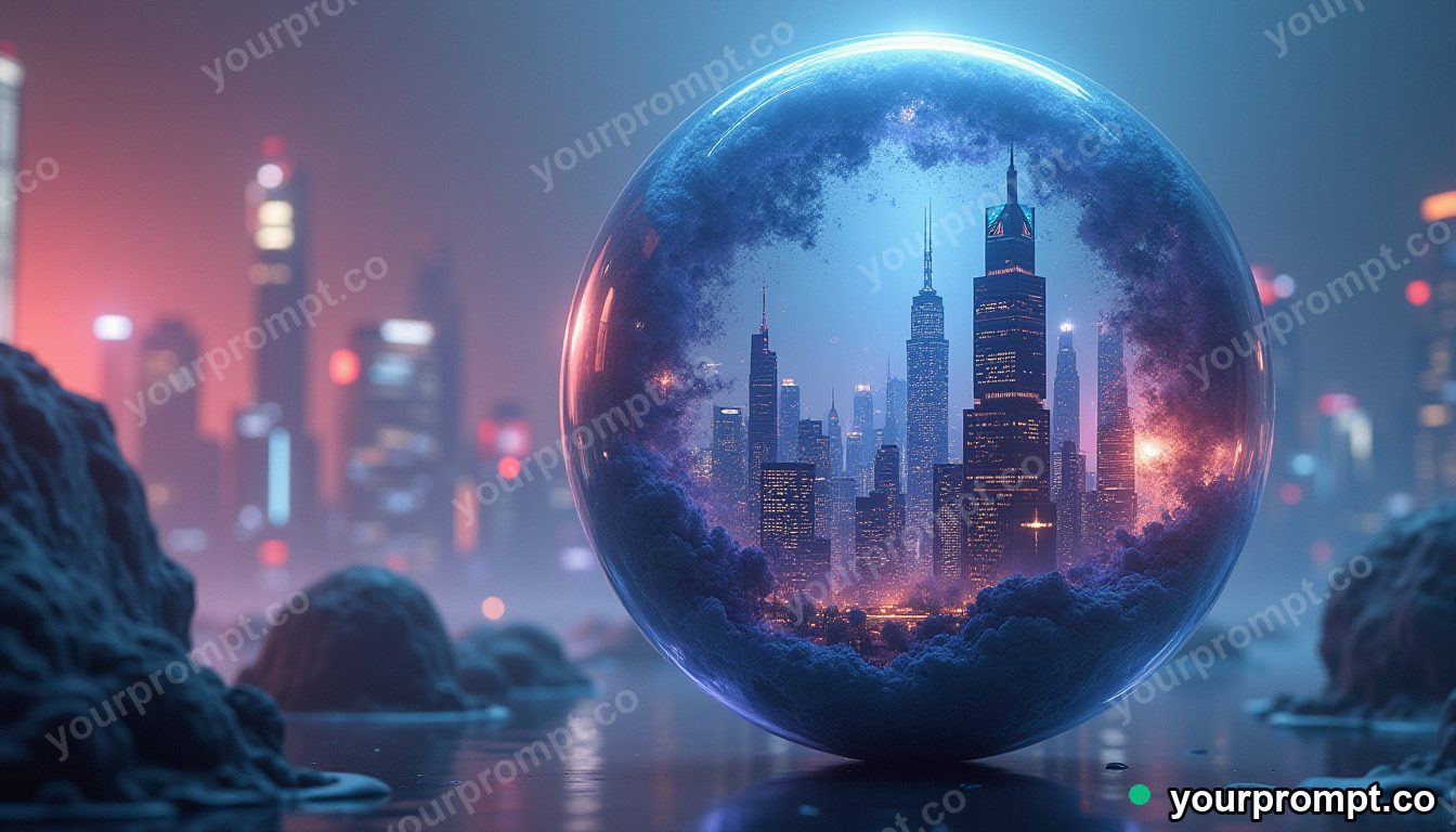 A city floating inside a giant glass marble
