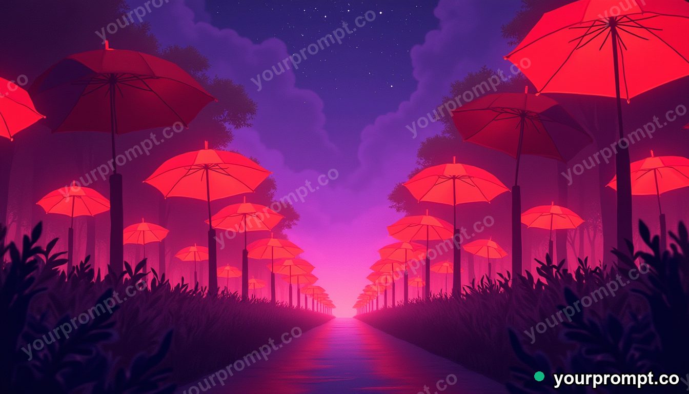 A forest of glowing umbrellas under a purple sky