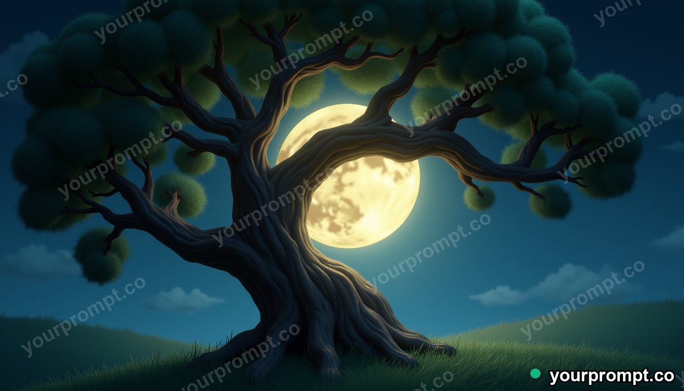 A moon tangled in the branches of a giant oak tree