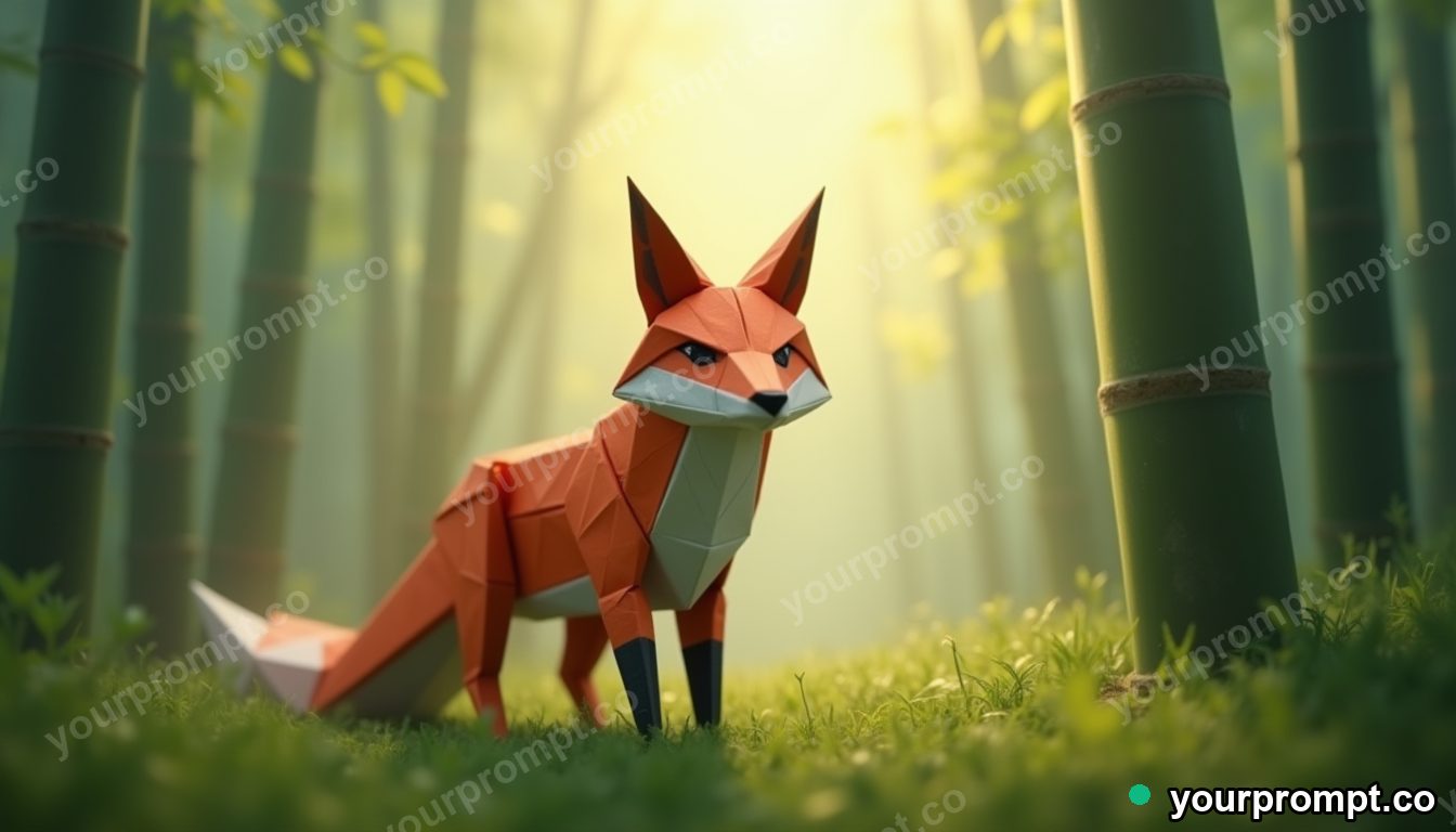 A giant origami fox standing in a misty bamboo forest