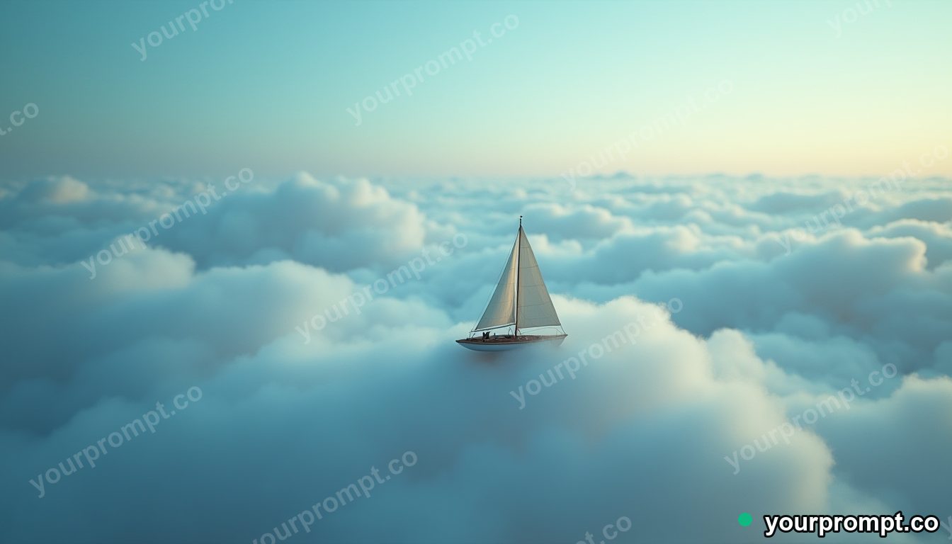 A tiny teacup boat sailing on a sea of soft clouds
