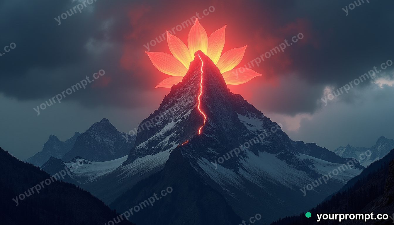 A mountain peak splitting open like a blooming flower