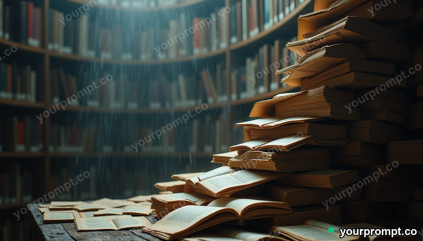 A bookshelf cascading into a waterfall of loose pages