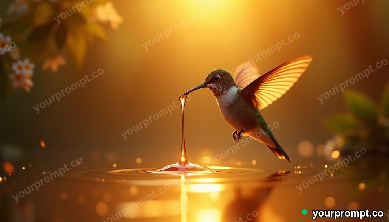 A hummingbird sipping from a floating drop of liquid gold