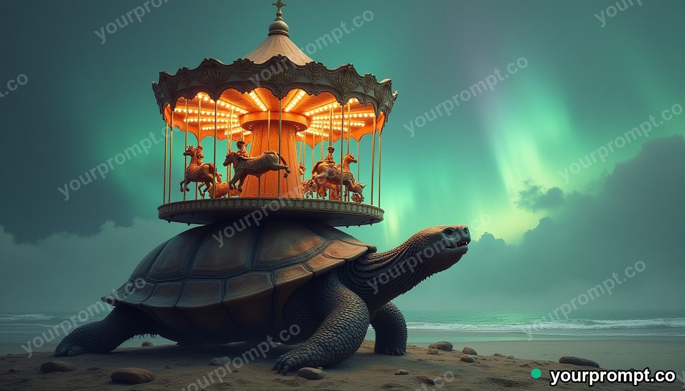 A carousel spinning on top of a giant turtle's shell in charcoal sketch style — AI-generated image from a text prompt