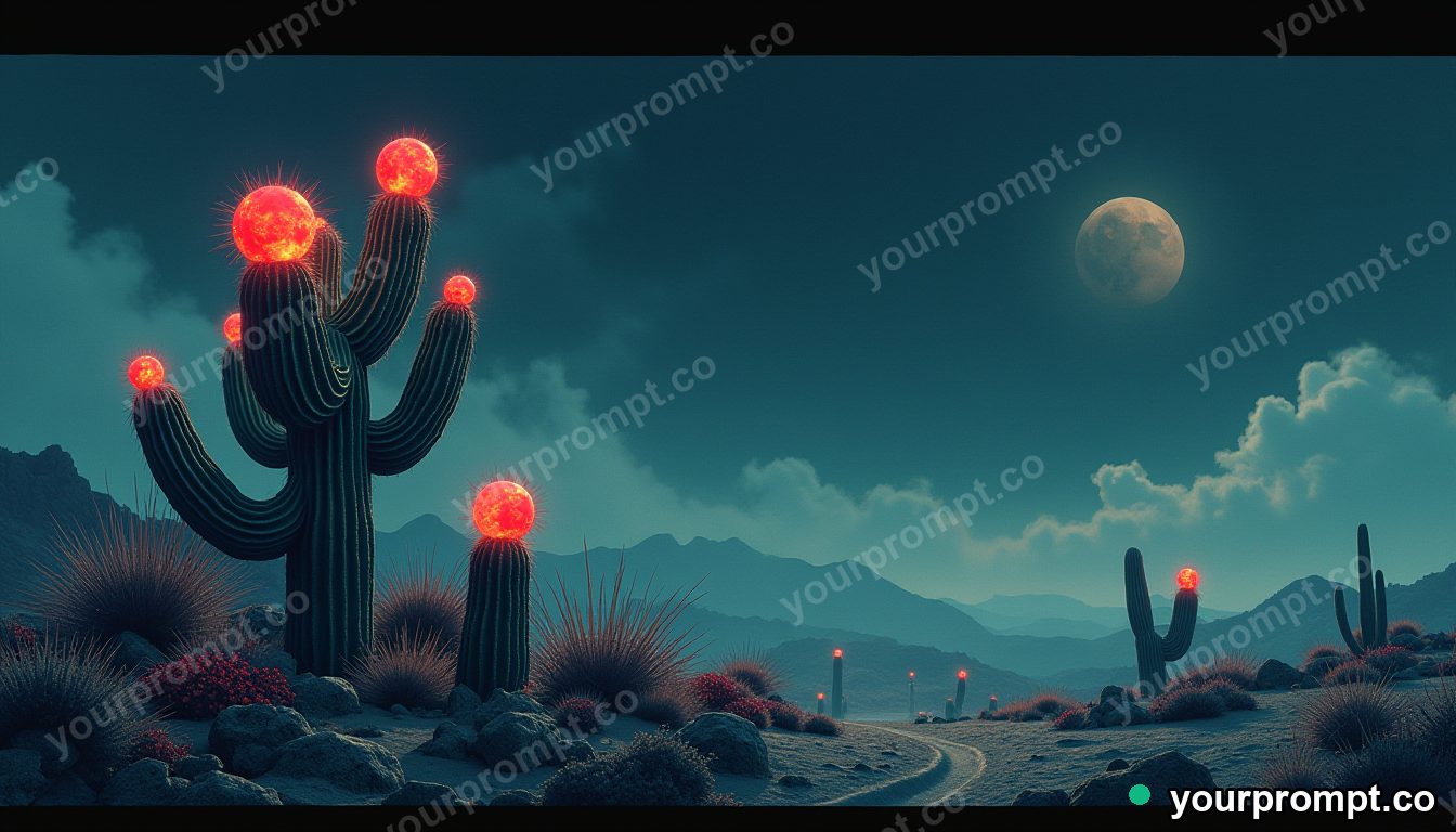 A desert cactus growing tiny glowing planets instead of flowers in ukiyo-e woodblock style — AI-generated image from a text prompt