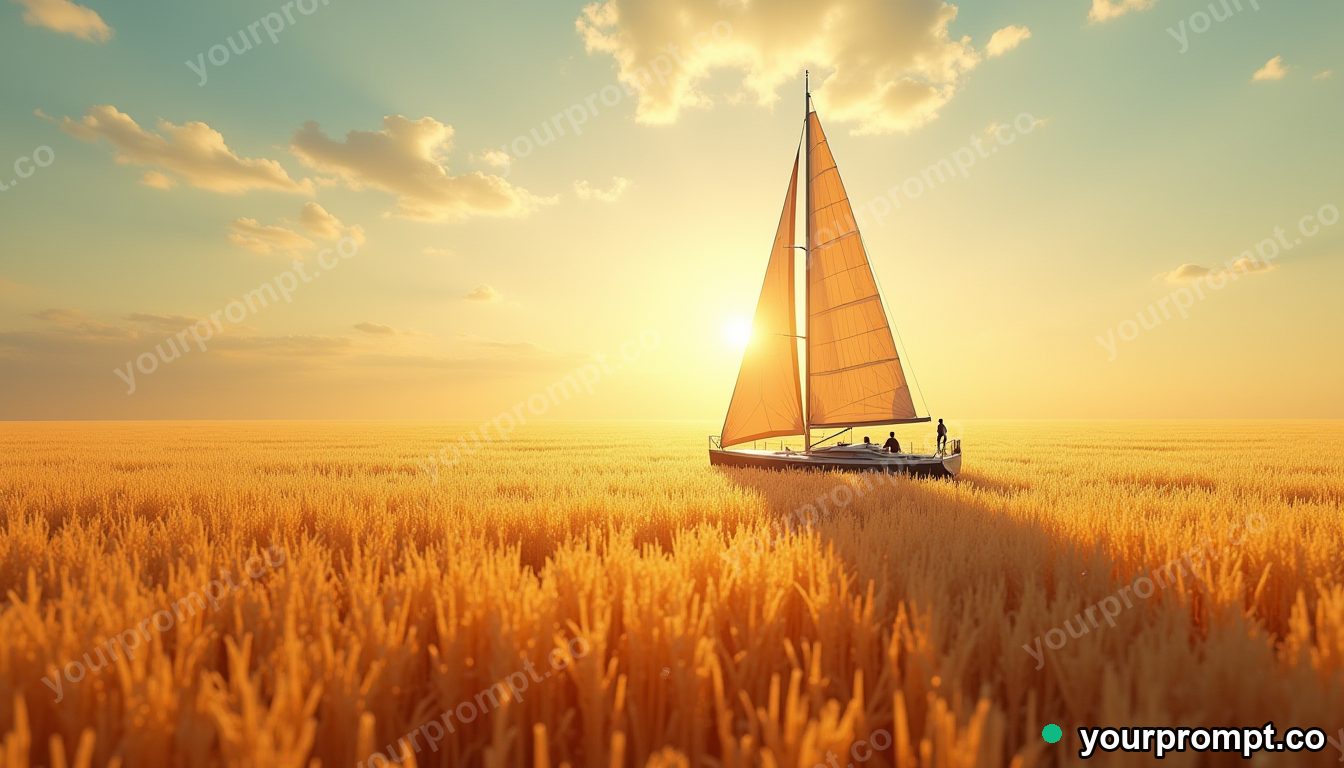A sailboat gliding across a golden wheat field like water in airbrushed retro sci-fi style — AI-generated image from a text prompt