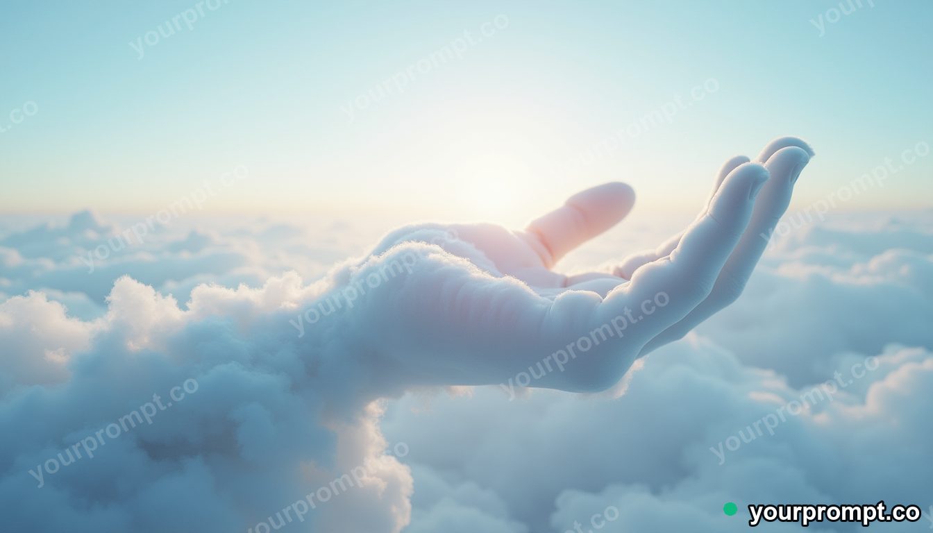 A giant gentle hand made of clouds reaching toward a hill in photorealistic style — AI-generated image from a text prompt