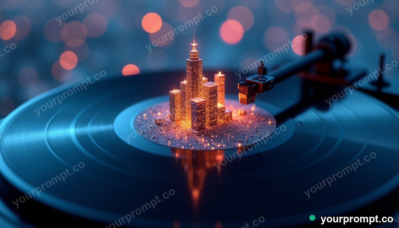 A vinyl record spinning a tiny glowing city on its surface in 3D octane render style — AI-generated image from a text prompt