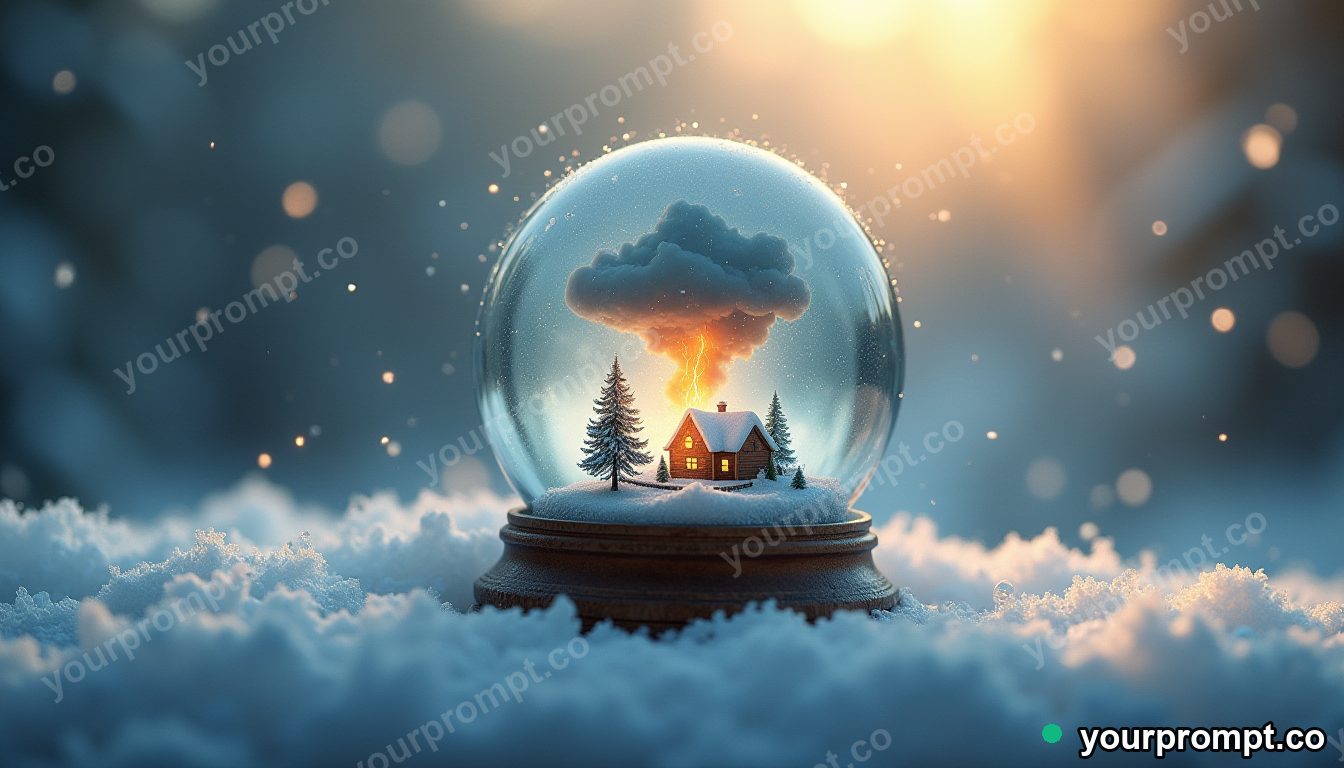 A snow globe containing a real miniature thunderstorm in soft watercolor painting style — AI-generated image from a text prompt