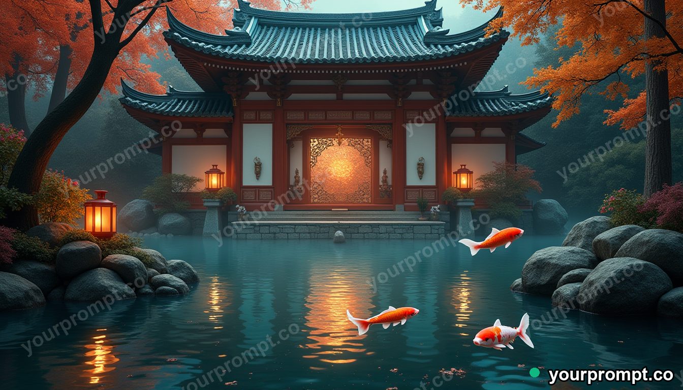 A koi pond suspended upside down above a quiet temple in rich oil painting style — AI-generated image from a text prompt