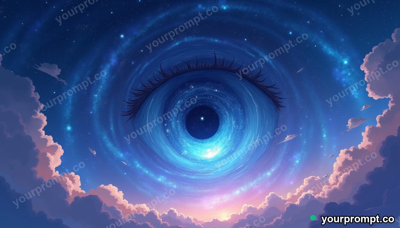 A giant eye in the sky made of swirling galaxies in anime illustration style — AI-generated image from a text prompt