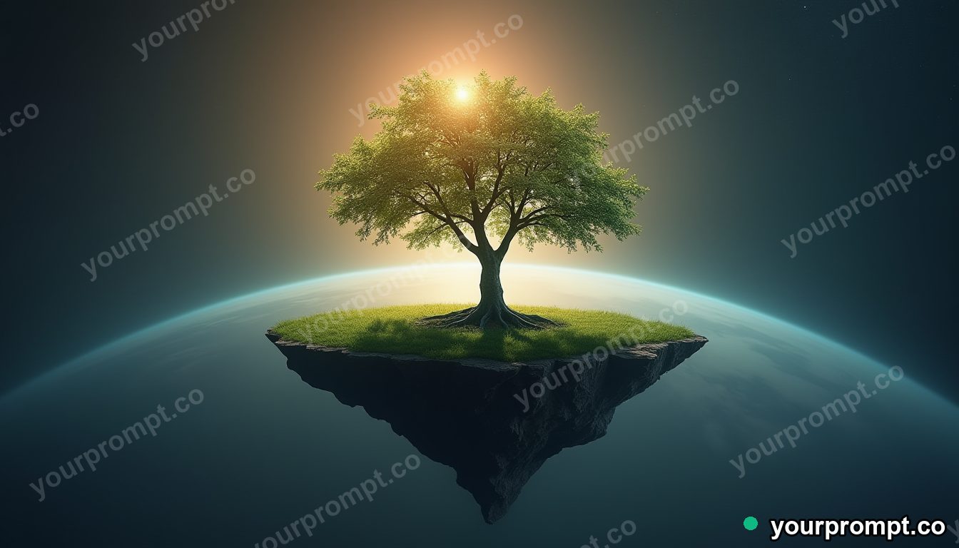 A small tree growing from a floating island of earth in space in studio product photography style — AI-generated image from a text prompt