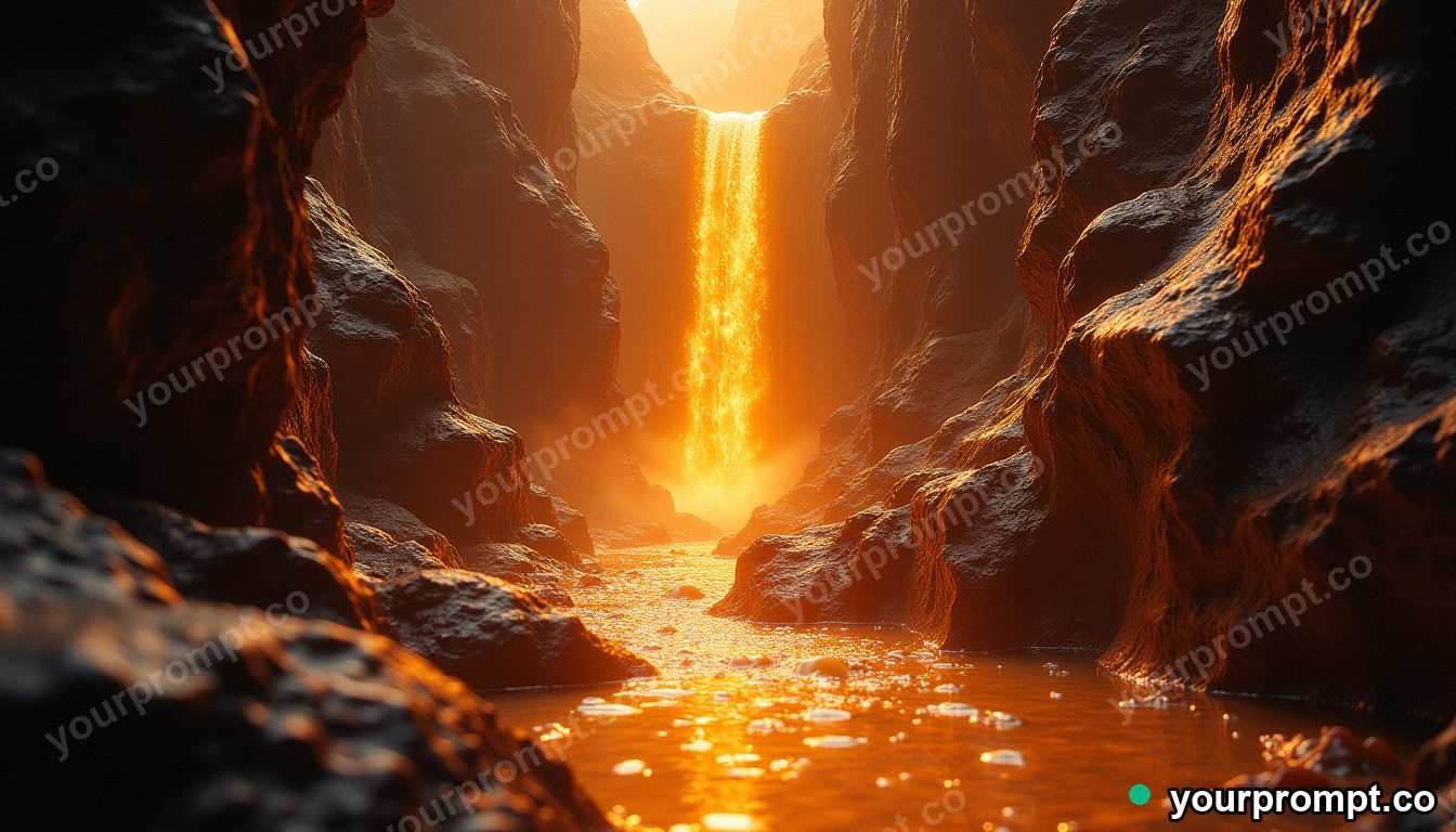 A waterfall of molten gold flowing into a crystal canyon in extreme macro photography style — AI-generated image from a text prompt