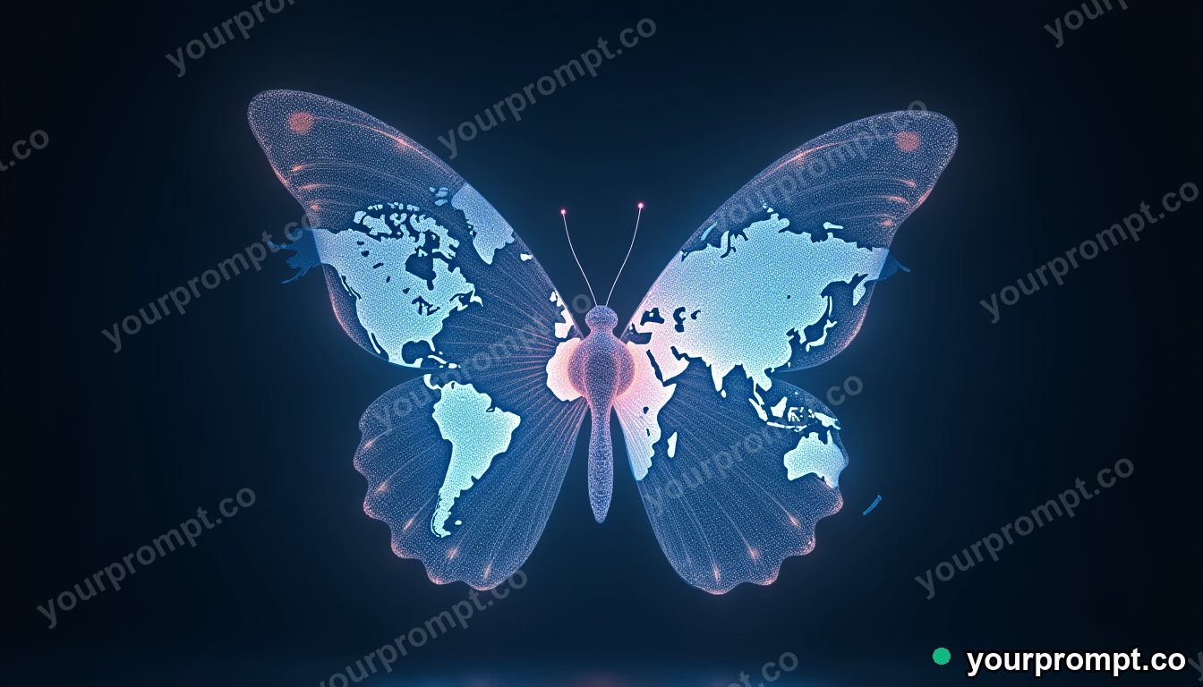A giant butterfly with a glowing world map on its wings in surreal digital art style — AI-generated image from a text prompt