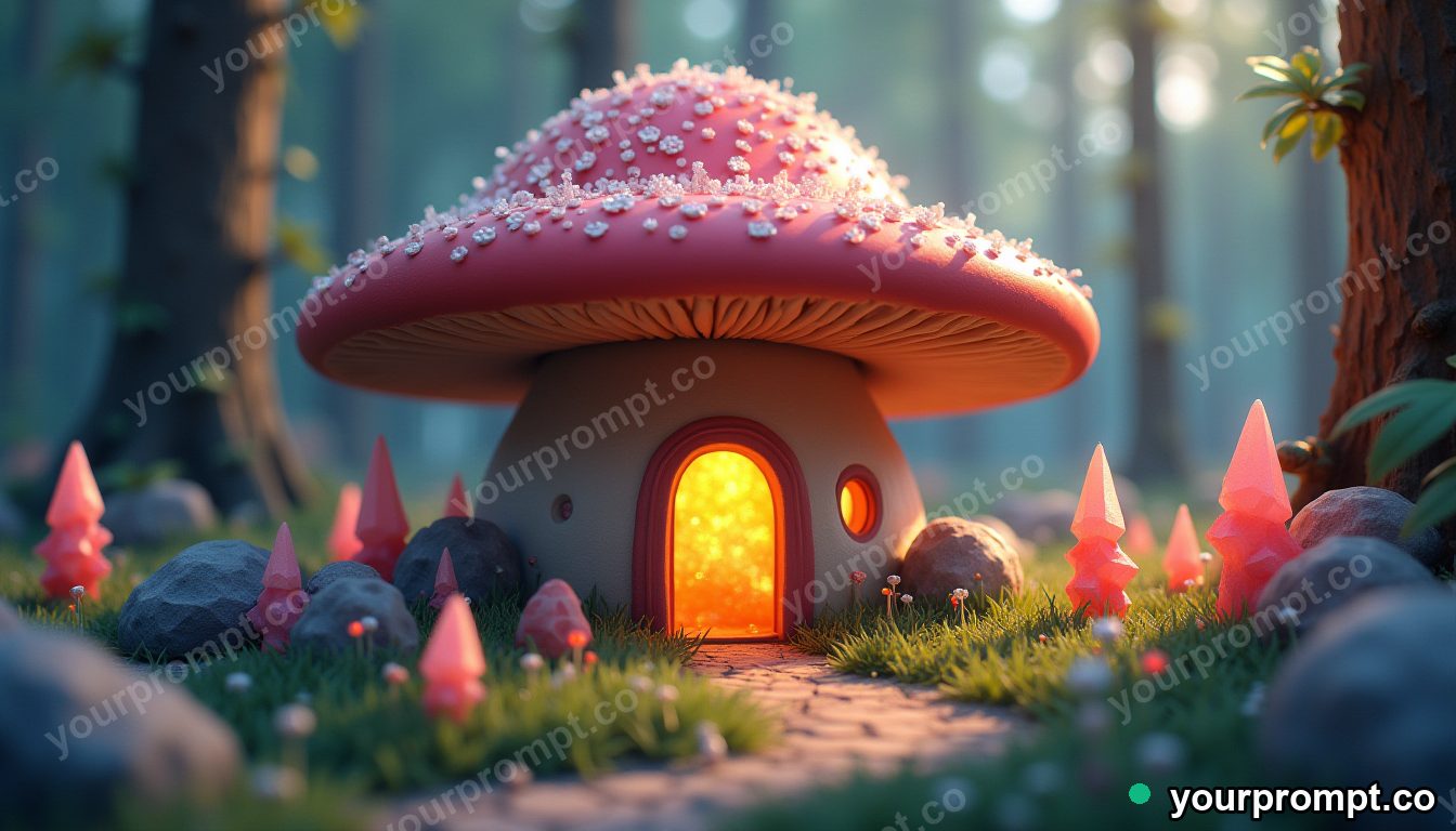 A mushroom house glowing inside a forest of crystals in low-poly 3D style — AI-generated image from a text prompt