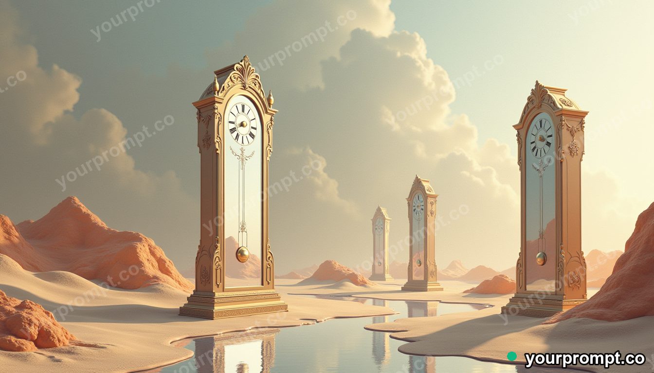 A grandfather clock standing alone in a desert of mirrors in layered papercut art style — AI-generated image from a text prompt
