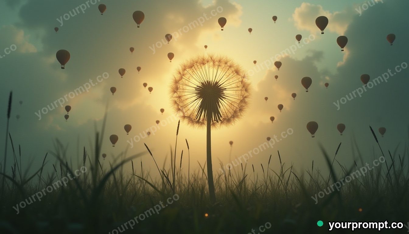 A giant dandelion releasing tiny floating hot air balloons in epic fantasy concept art style — AI-generated image from a text prompt