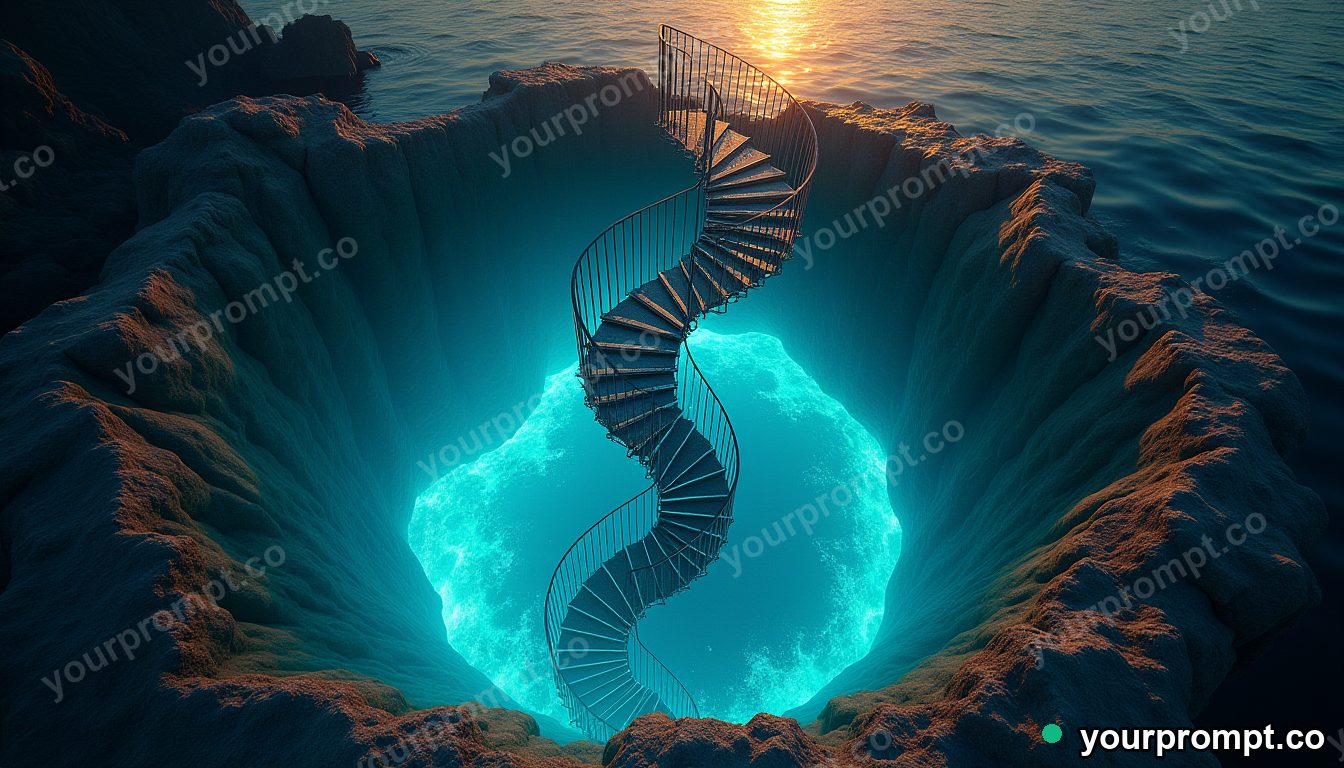 A spiral staircase descending into a glowing ocean trench in golden-hour photography style — AI-generated image from a text prompt