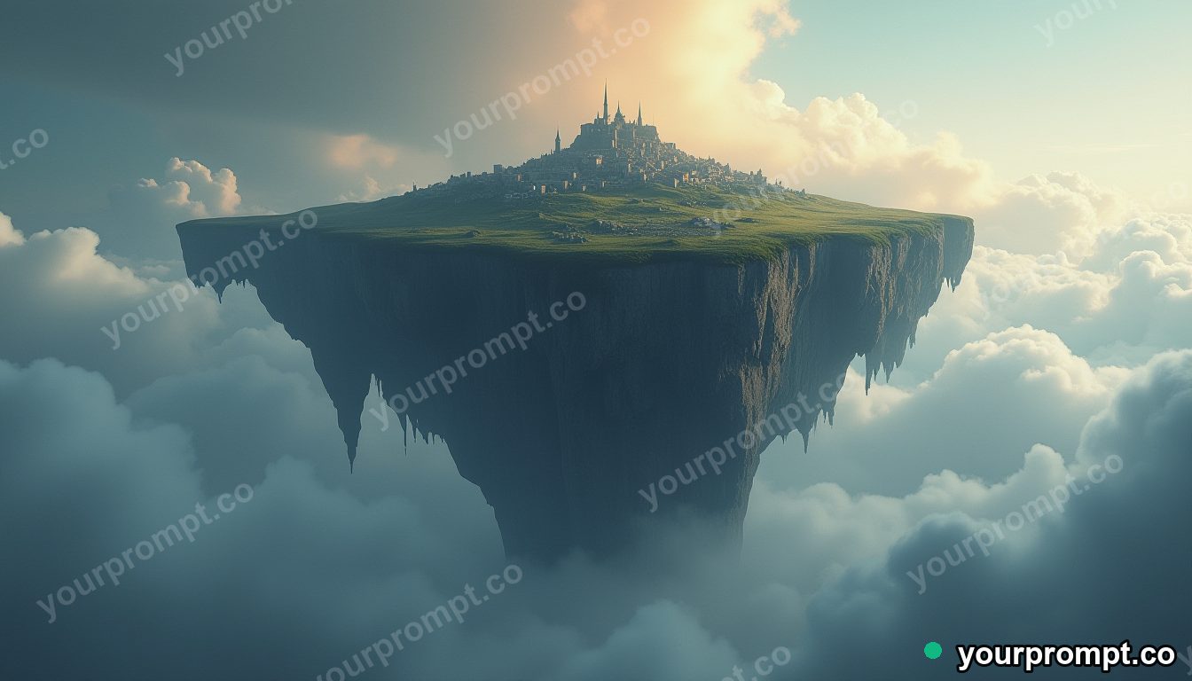 An upside-down mountain hanging from the clouds with a village on it in dramatic chiaroscuro style — AI-generated image from a text prompt