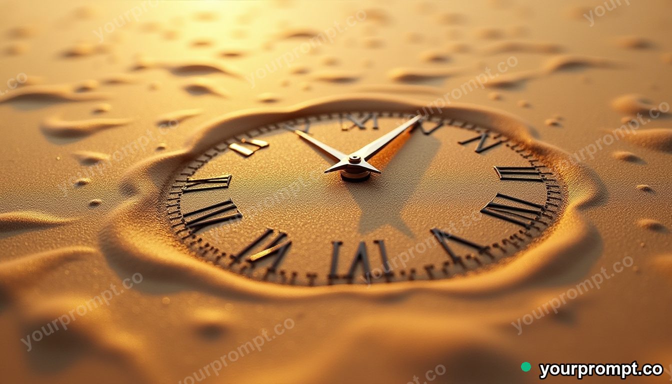 A clock face where the hands are slow-flowing rivers of sand in hyperrealistic style — AI-generated image from a text prompt