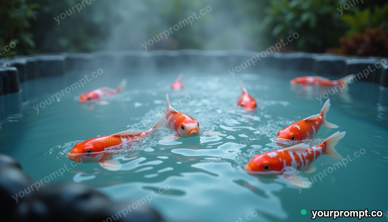 A hot spring whose steam turns into floating glowing koi in dreamy pastel style — AI-generated image from a text prompt