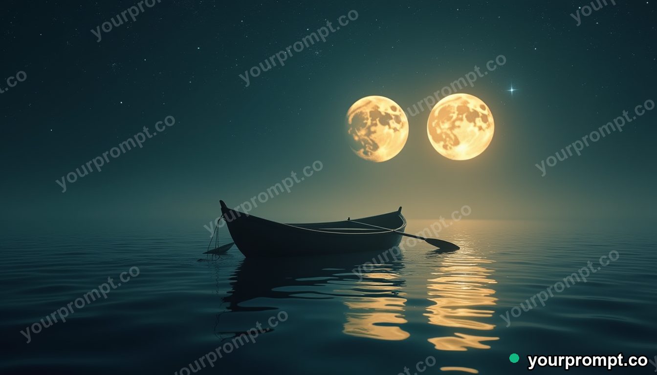 A lone rowboat drifting on a sea of liquid starlight under twin moons in cinematic film still style — AI-generated image from a text prompt