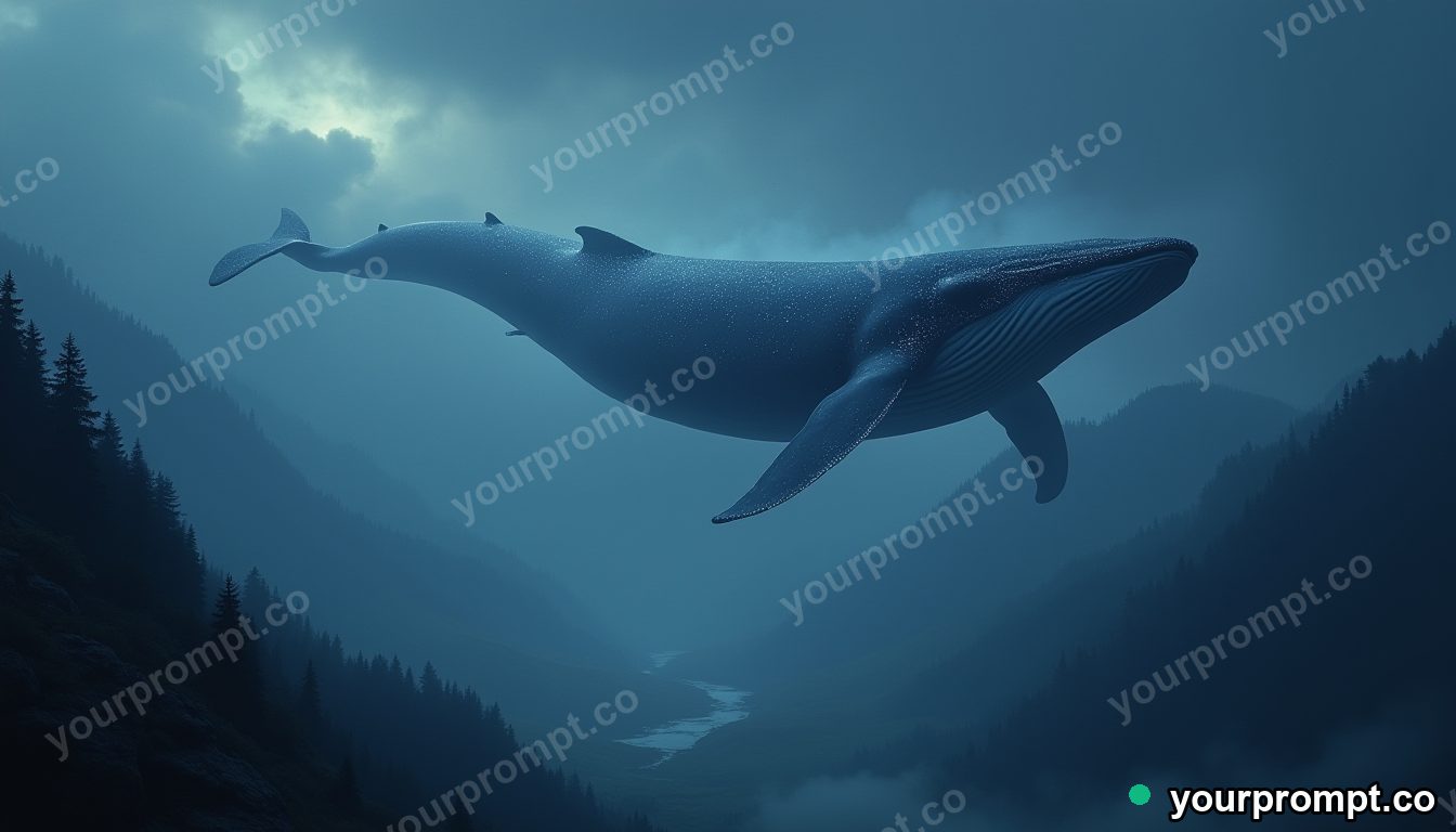 A giant glowing whale gliding silently above a misty mountain valley in matte concept painting style — AI-generated image from a text prompt