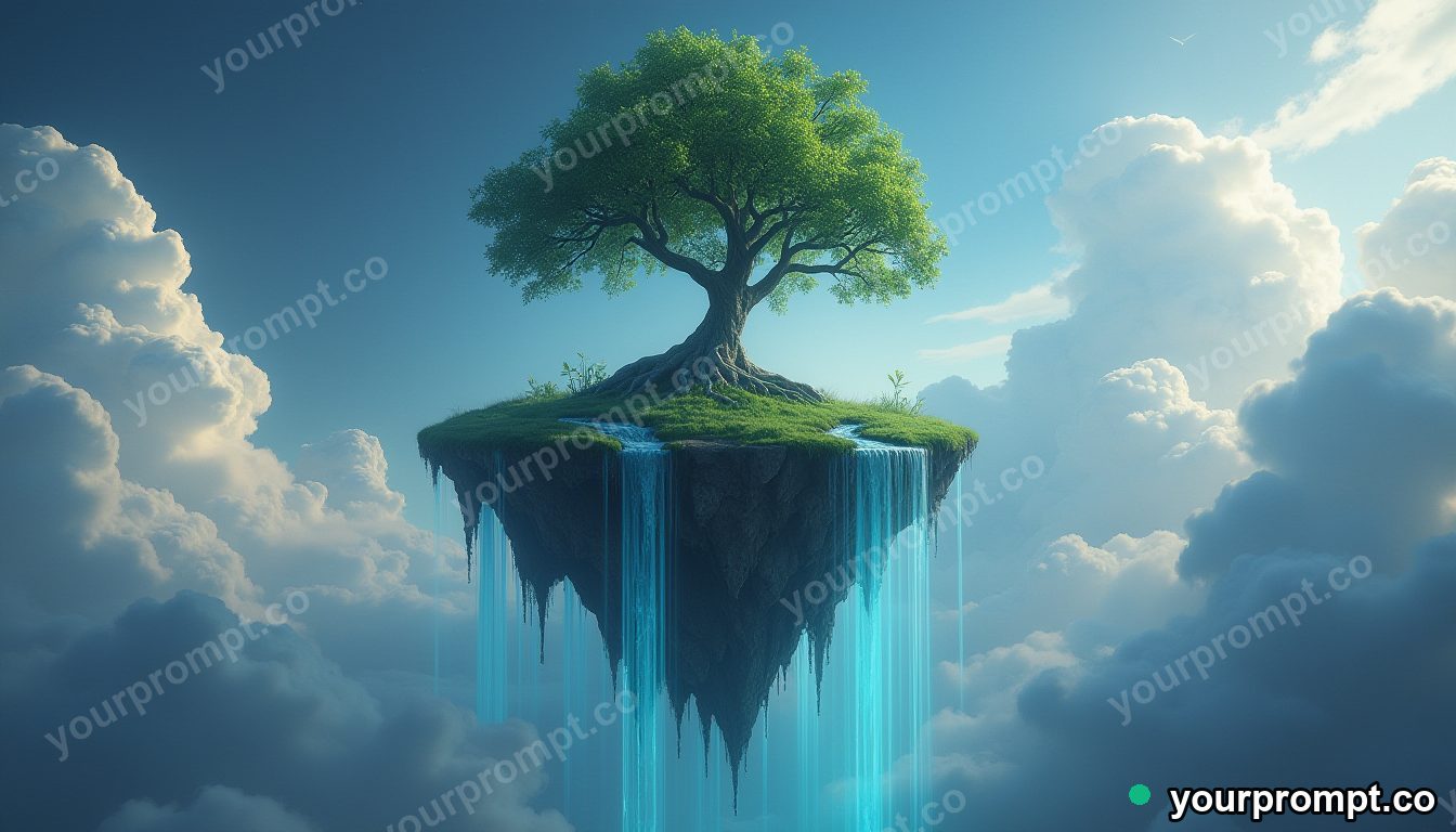 A floating island with a single tree, its roots dripping waterfalls into the clouds in epic fantasy concept art style — AI-generated image from a text prompt