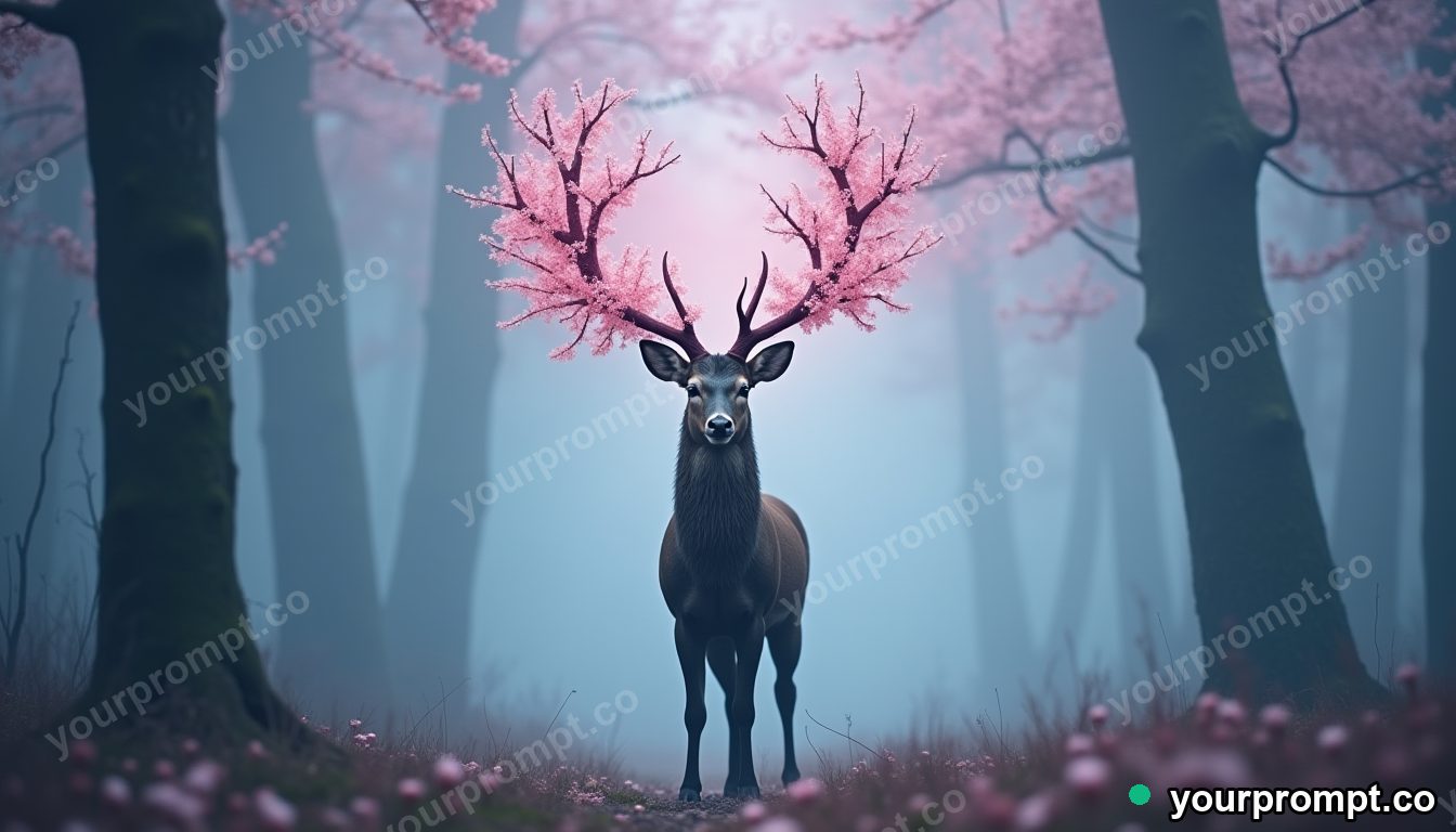 A deer with antlers of blooming cherry branches standing in a foggy forest in dreamy pastel style — AI-generated image from a text prompt