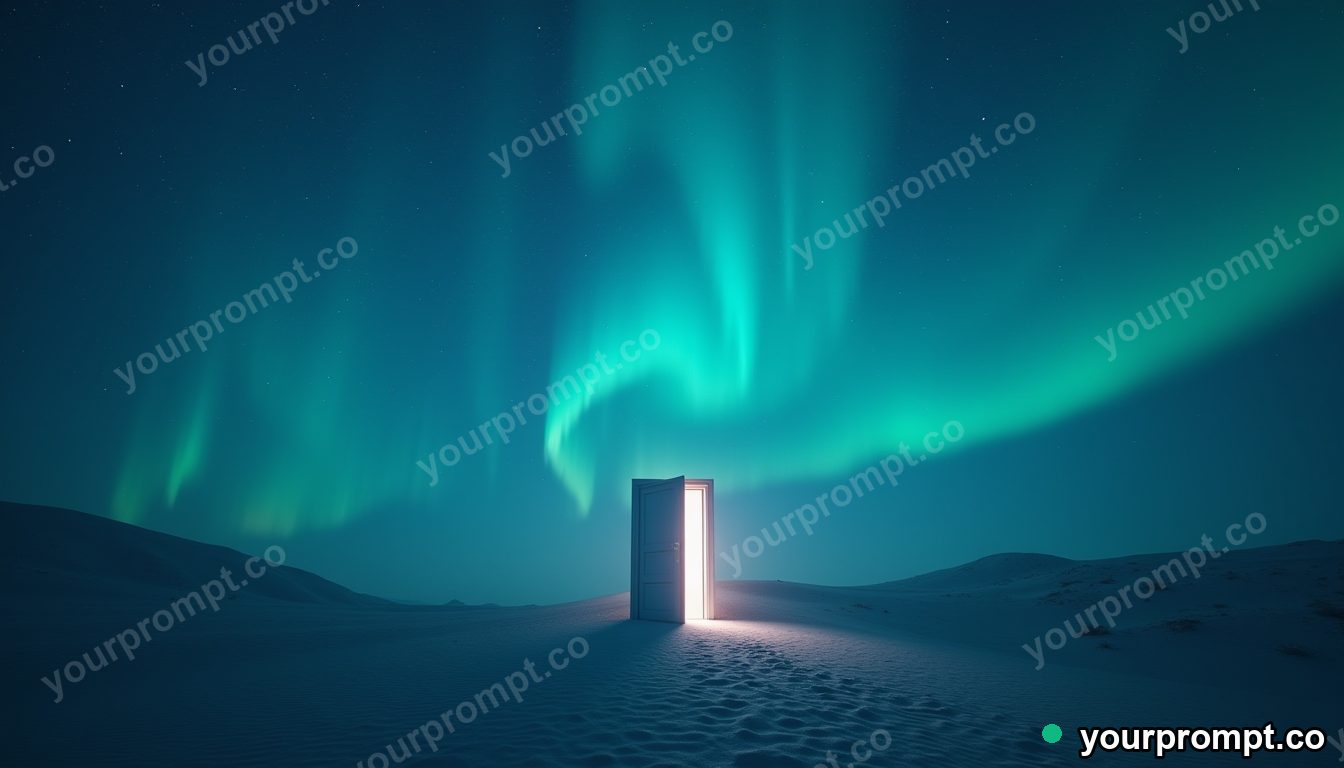 A lone doorway in a desert opening into a glowing aurora in cinematic film still style — AI-generated image from a text prompt