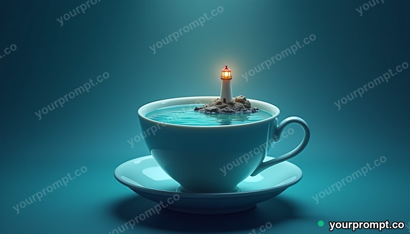A teacup holding a tiny calm ocean with a miniature lighthouse in matte concept painting style — AI-generated image from a text prompt