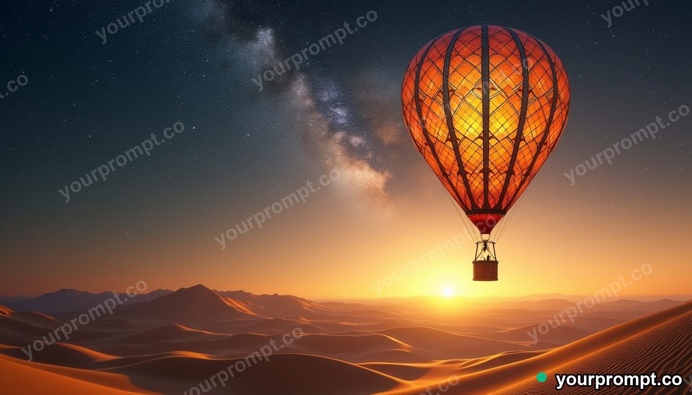 A stained-glass hot air balloon drifting over golden dunes in epic fantasy concept art style — AI-generated image from a text prompt