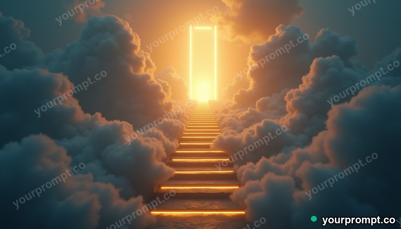 A grand staircase of clouds rising toward a glowing golden gate in cinematic film still style — AI-generated image from a text prompt