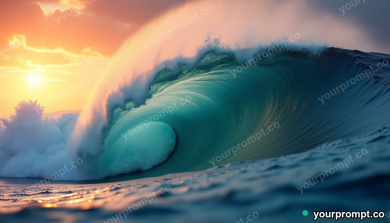 A towering ocean wave frozen mid-curl, glowing at sunset in cinematic film still style — AI-generated image from a text prompt