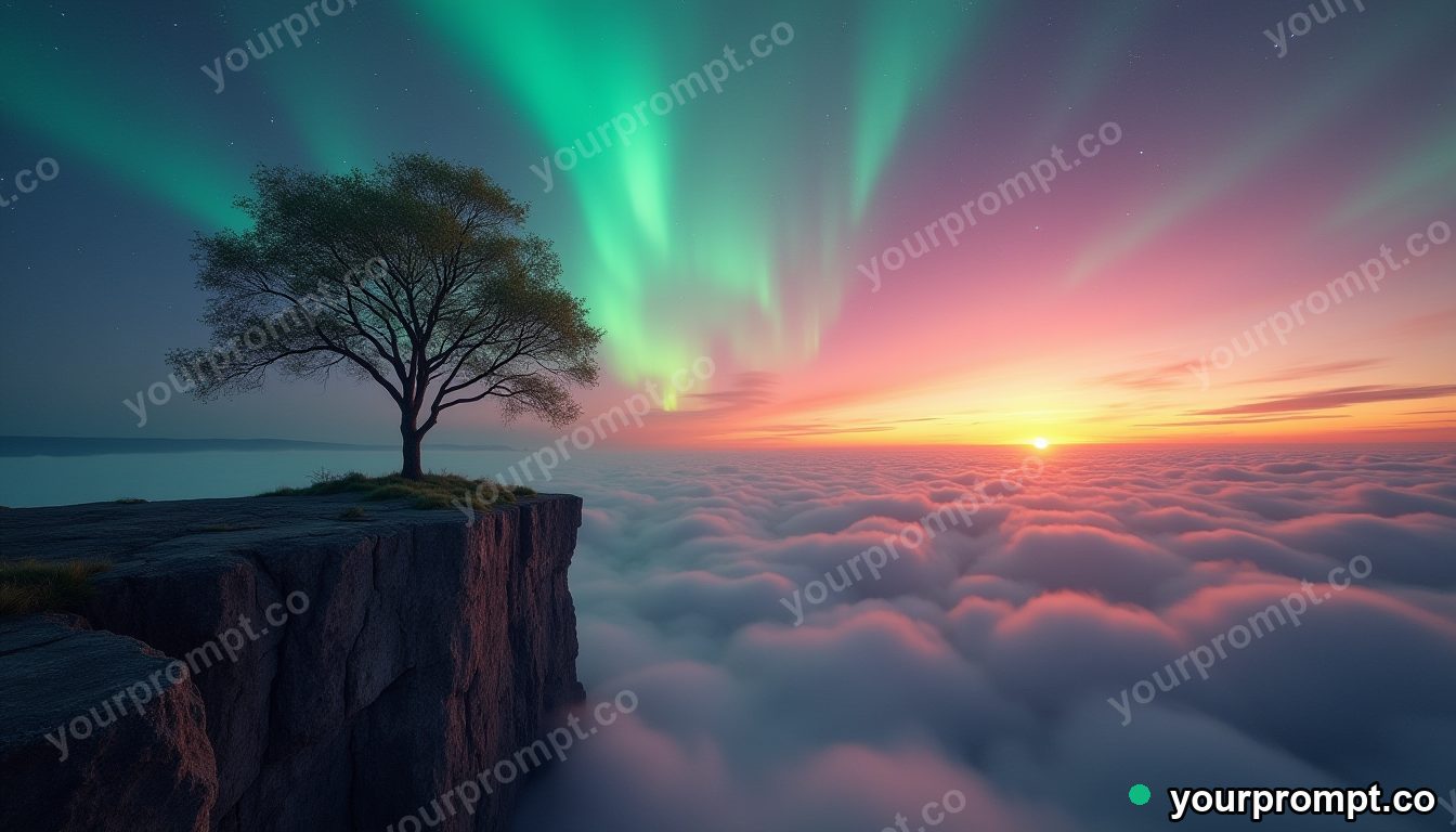 A lone tree on a cliff beneath a sky of swirling auroras in golden-hour photography style — AI-generated image from a text prompt