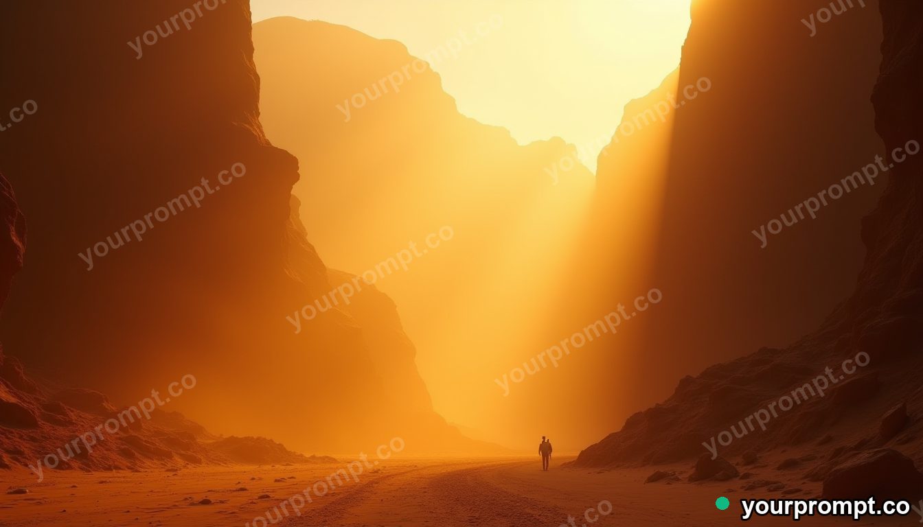 A desert canyon flooded with golden light beams through drifting dust in ethereal long-exposure style — AI-generated image from a text prompt